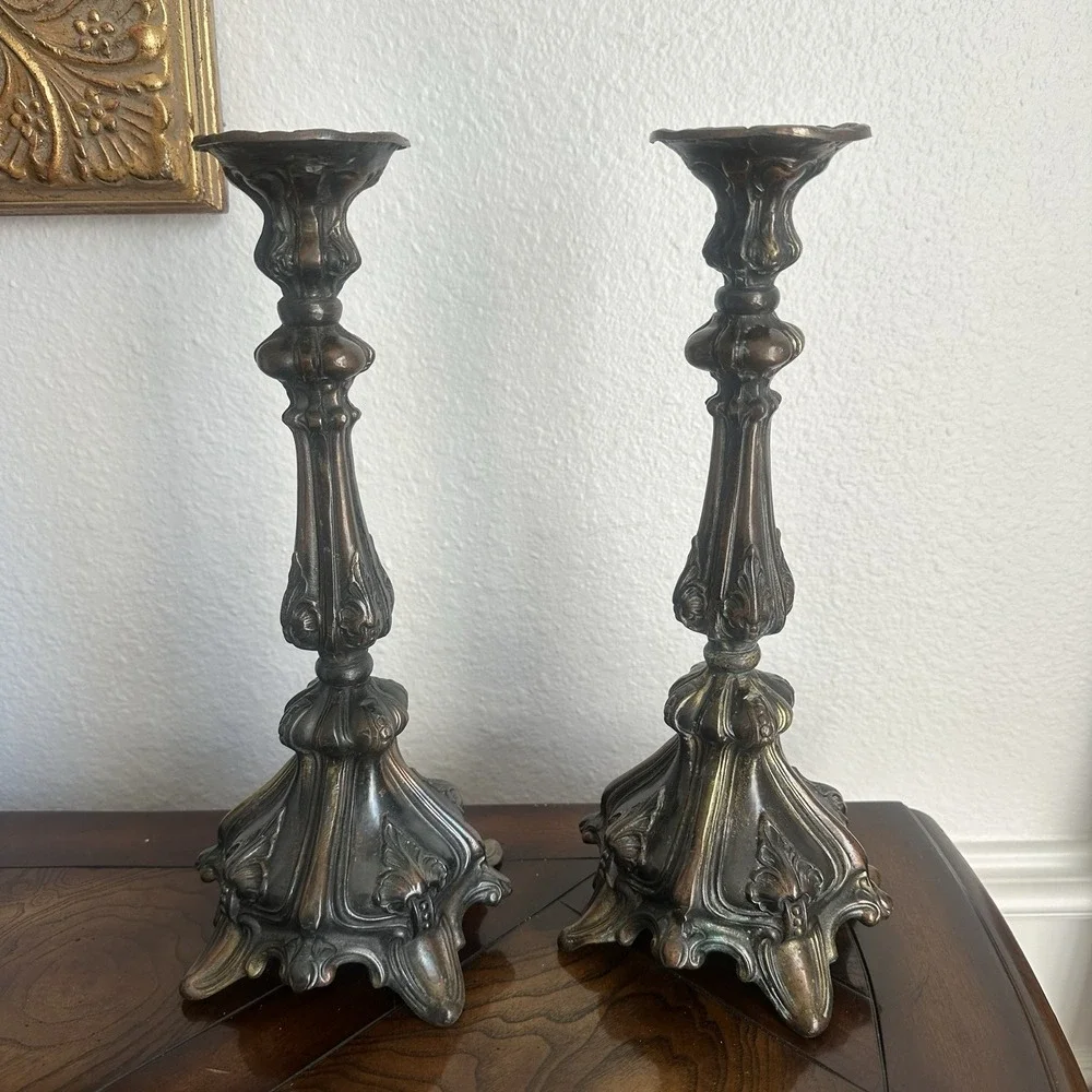 Antique Victorian Candlestick Pair 13 Inch‎ Baroque Footed Copper Bronze Gilt